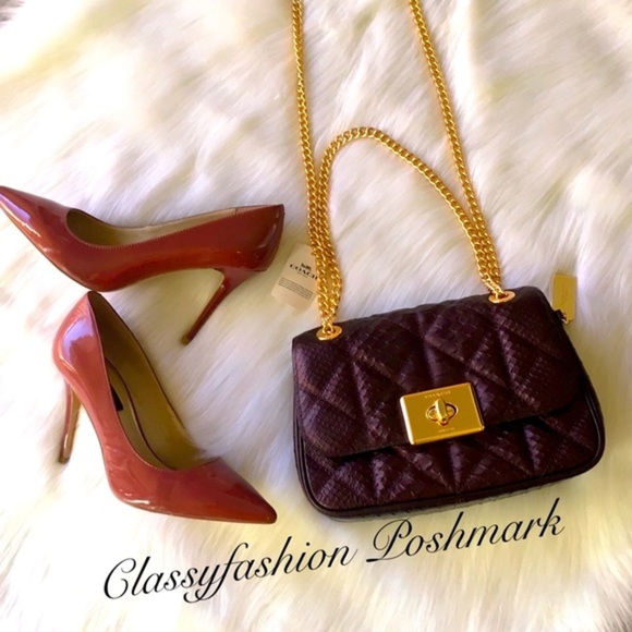 Coach Leather Crossbody Bag Chain Link Quilted Satchel Tote Snakeskin - Picture 2 of 7